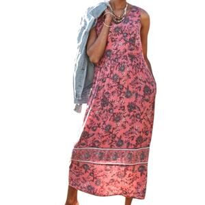 J Jill Dreamscape Border Print Pink Floral Maxi Dress Size XS Bust 38" Country